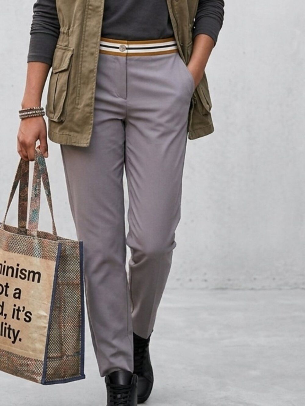 Wildfang The Empower taped Trouser Gray Chinos with Striped Waistband